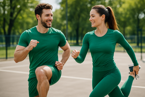Couple in green sports clothes exercising